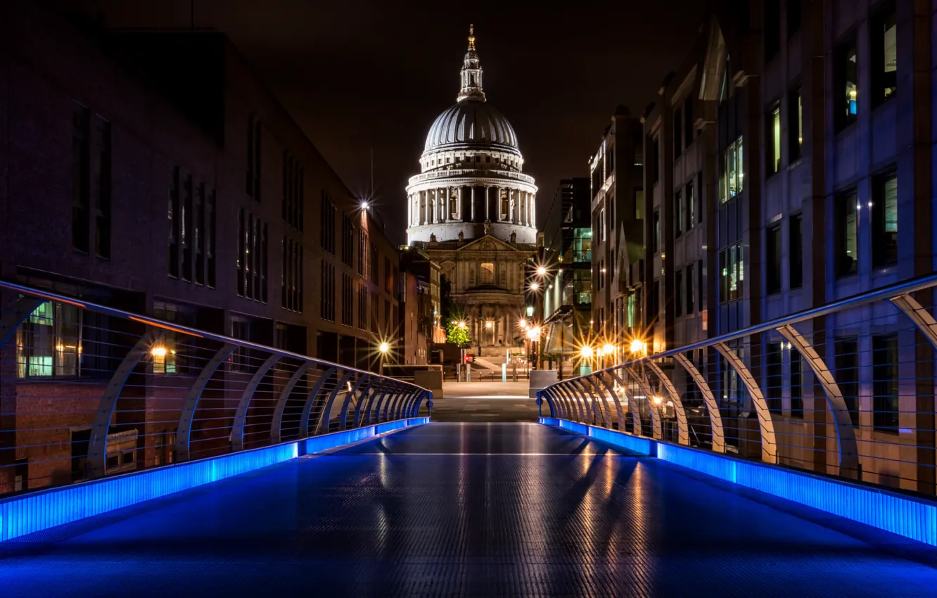 Photo wallpaper night, lights, England, London, St. Paul's Cathedral, Millenium Bridge, Millennium Bridge