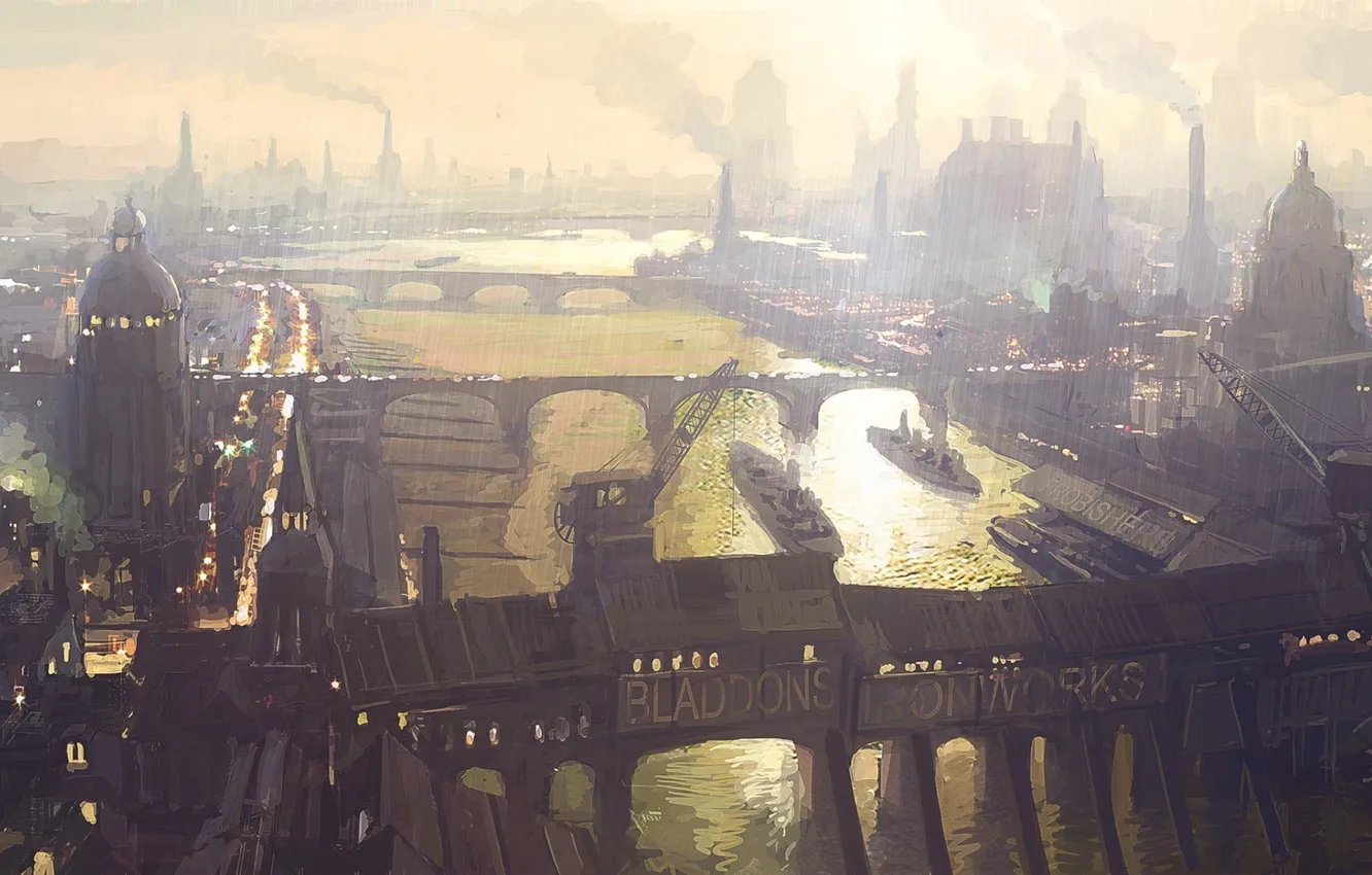 Photo wallpaper bridge, the city, river, smoke, home, art, dark satanic mills, by peteamachre