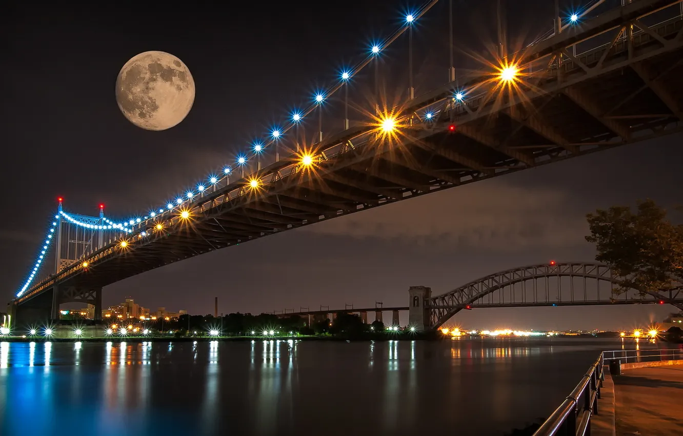 Photo wallpaper night, bridge, the city, river, the moon