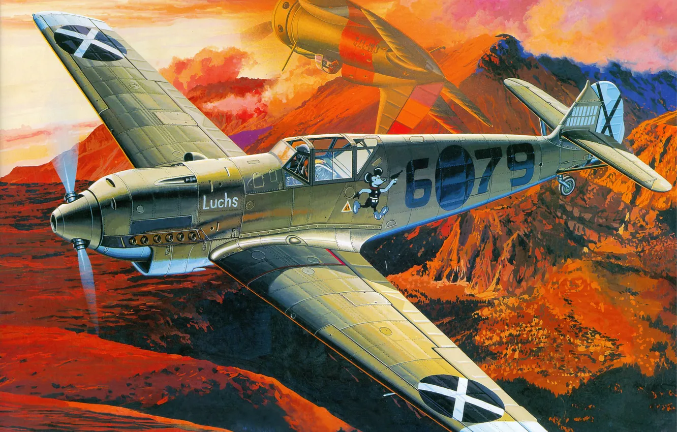 Photo wallpaper aviation, fighter, art, the plane, German, dogfight, Messerschmitt Bf.109D