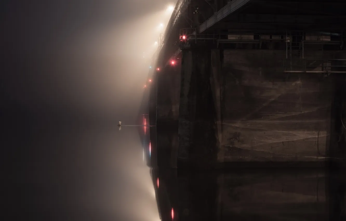 Photo wallpaper night, bridge, fog, river