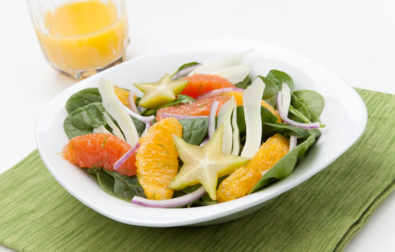 Photo wallpaper greens, orange, bow, orange, salad, greens, onions, salad