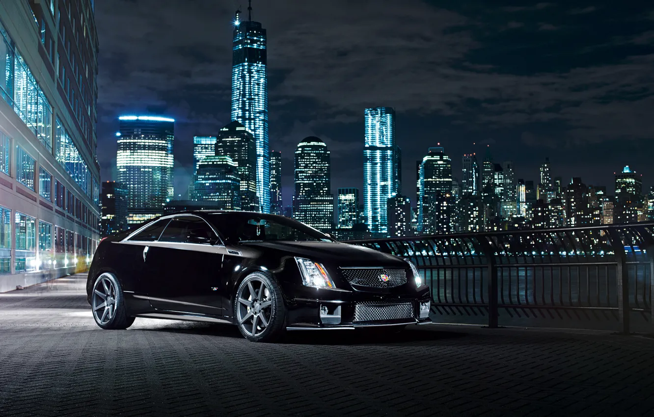 Photo wallpaper night, the city, lights, black, Cadillac, black, CTS-V, Cadillac