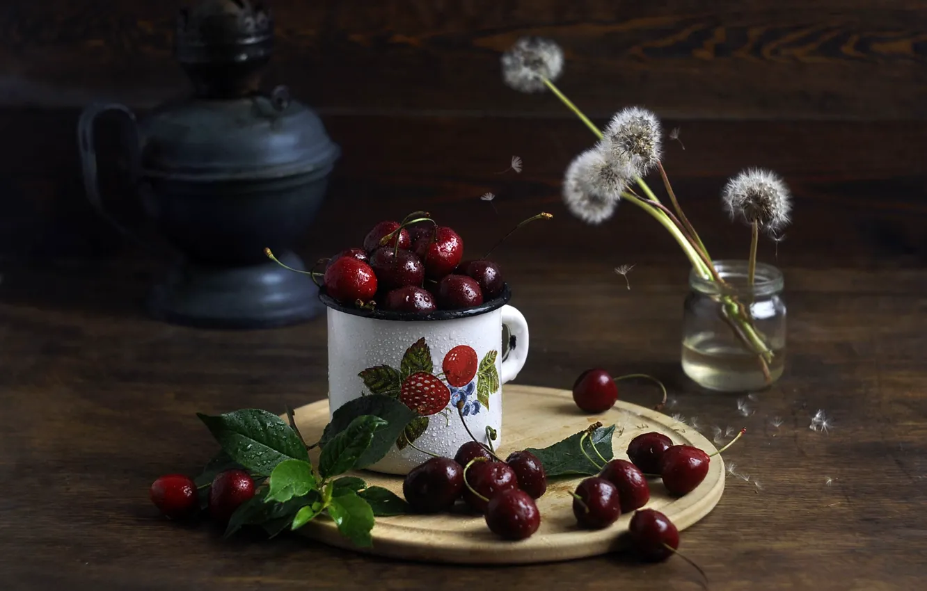 Photo wallpaper mug, dandelions, cherry