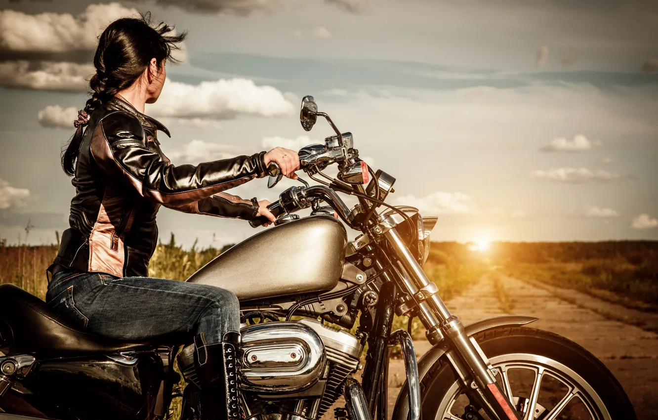 Photo wallpaper road, girl, sunset, motorcycle