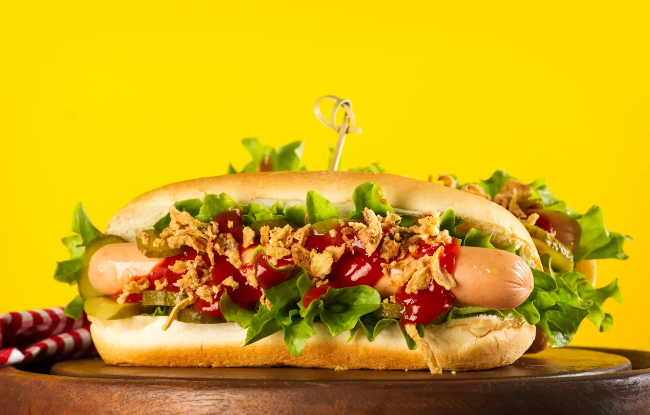 Photo wallpaper greens, sausage, hamburger, ketchup