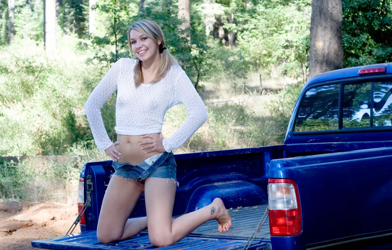 Photo wallpaper car, girl, shorts, young, beautiful, model, jeans, cute