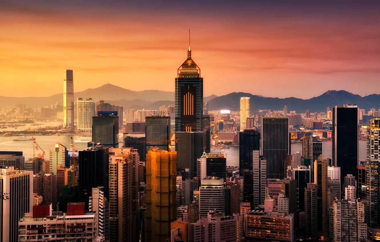 Photo wallpaper sunset, building, skyscrapers, Bay, Hong Kong, hong kong