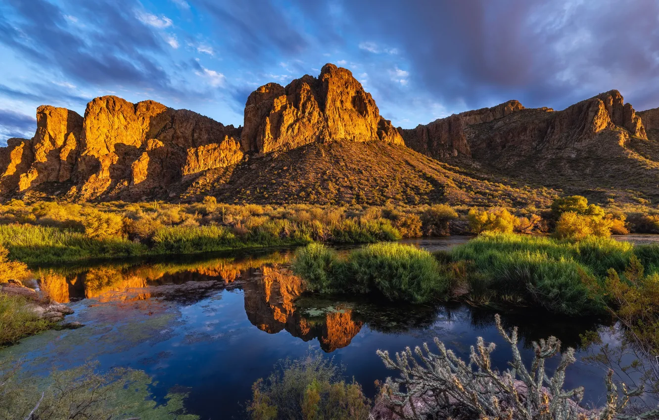 Photo wallpaper mountains, reflection, rocks, shore, the bushes, pond
