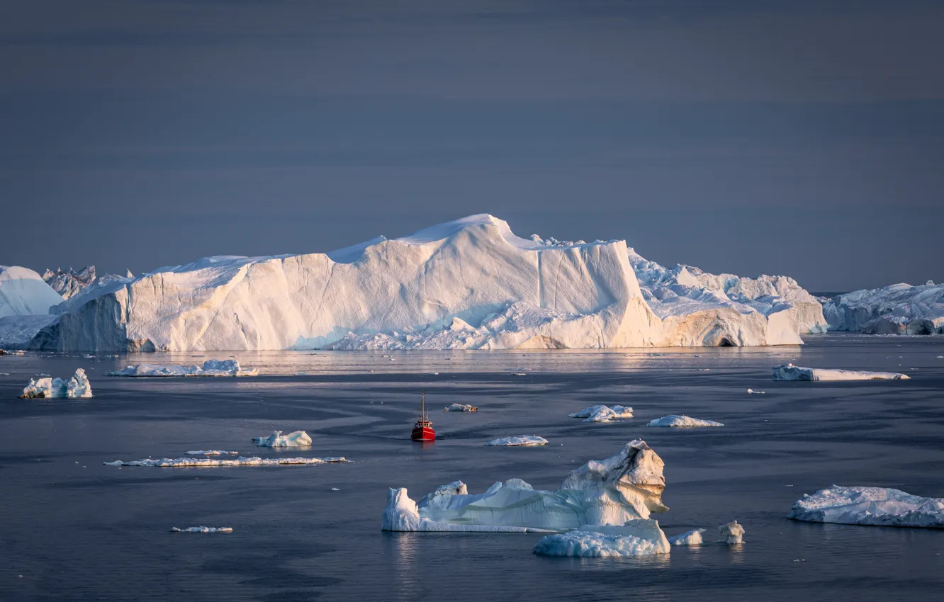 Photo wallpaper ice, winter, sea, the sky, light, snow, red, shore