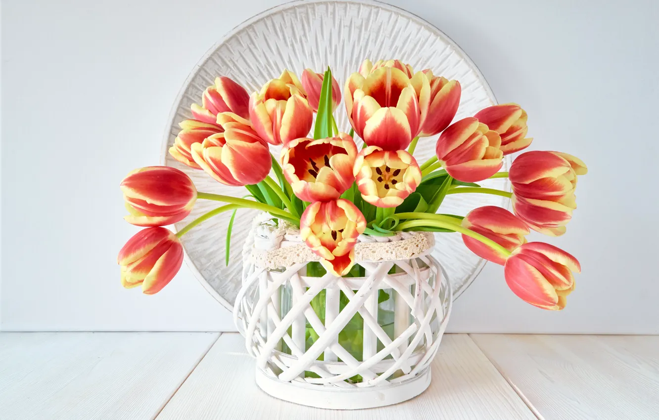 Photo wallpaper table, bouquet, tulips, vase, composition, Anya Ivanova