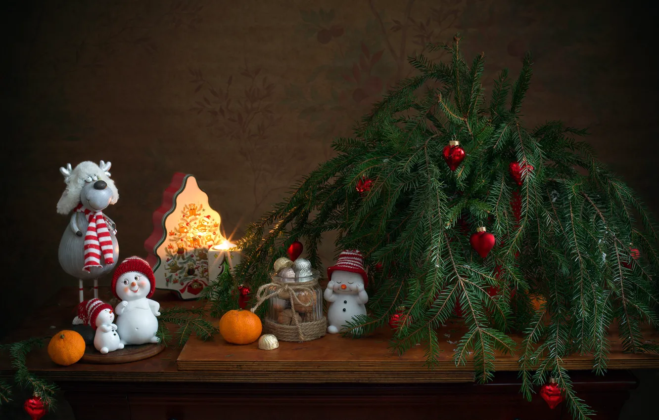 Photo wallpaper decoration, branches, holiday, toy, new year, spruce, candles, Christmas