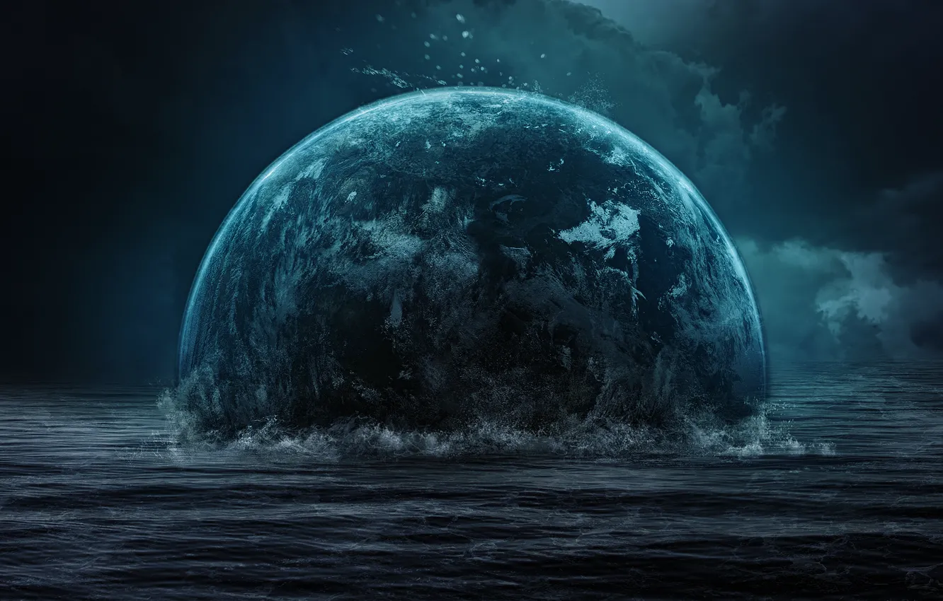 Photo wallpaper sea, wave, clouds, the darkness, planet