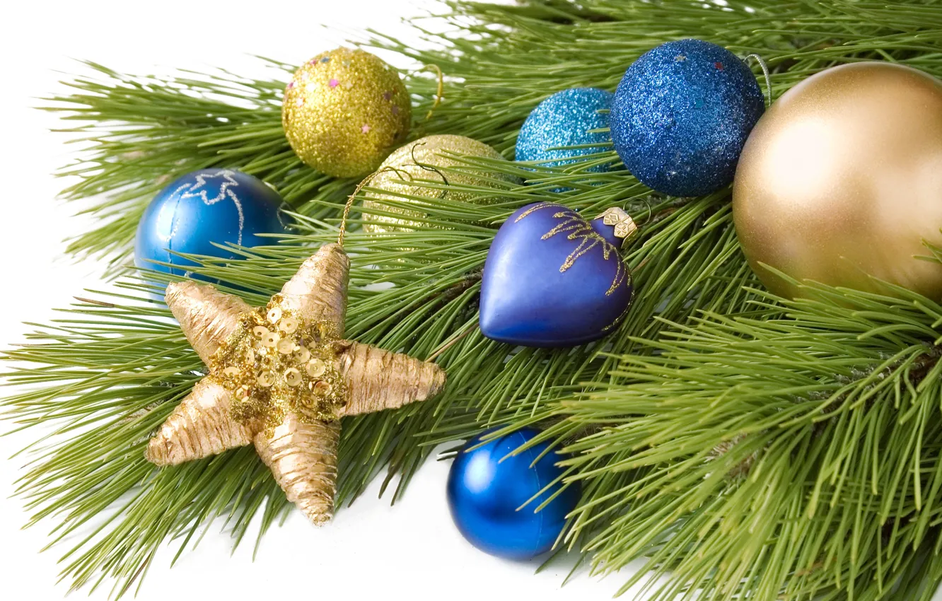 Photo wallpaper balls, decoration, balls, toys, star, tree, branch, New Year