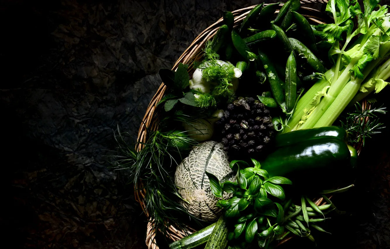 Photo wallpaper greens, leaves, green, the dark background, dill, peas, pepper, vegetables