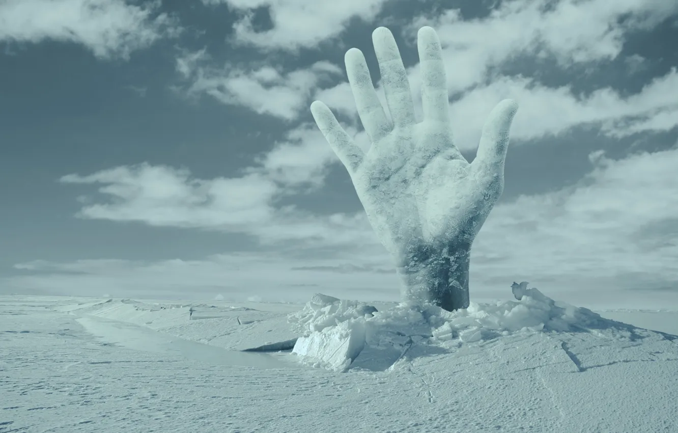 Photo wallpaper snow, rendering, hand, ice, breakthrough, break