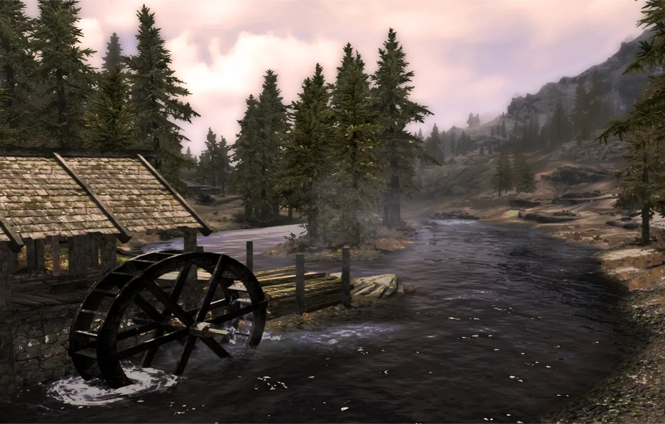 Photo wallpaper trees, river, Skyrim, Sawmill