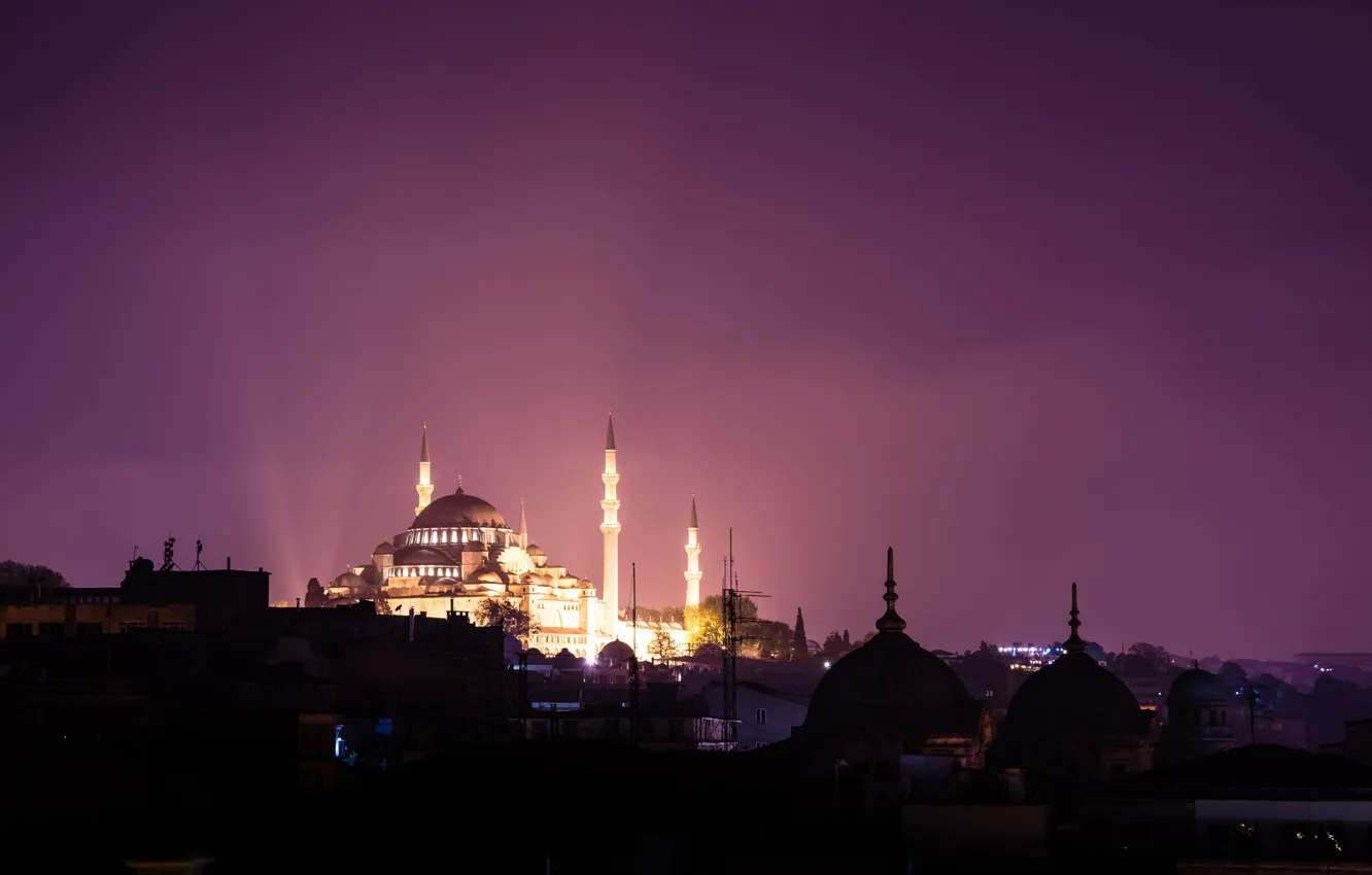 Photo wallpaper night, lights, mosque, Istanbul, Turkey, the minaret