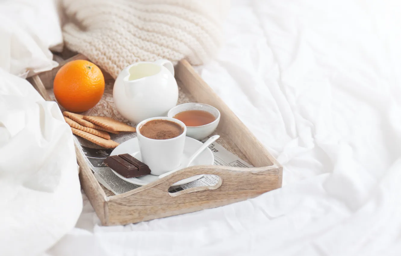 Photo wallpaper chocolate, Breakfast, milk, cookies, honey, tray, coffee in bed, Valeria Maksakova