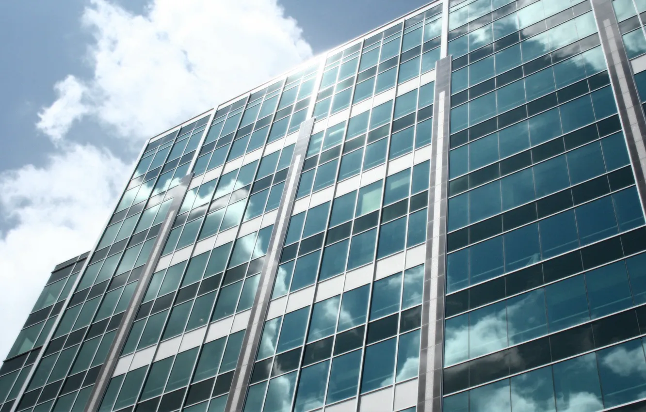 Photo wallpaper glass, clouds, the building