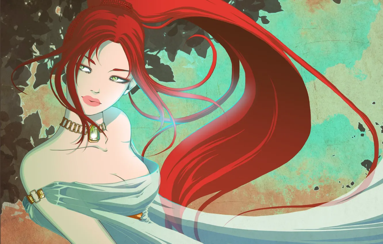 Photo wallpaper look, girl, decoration, face, dress, art, red hair, trees. leaves