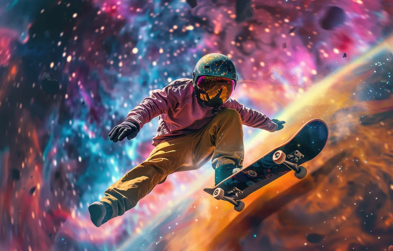 Photo wallpaper space, planets, astronaut, SKATEBOARDING