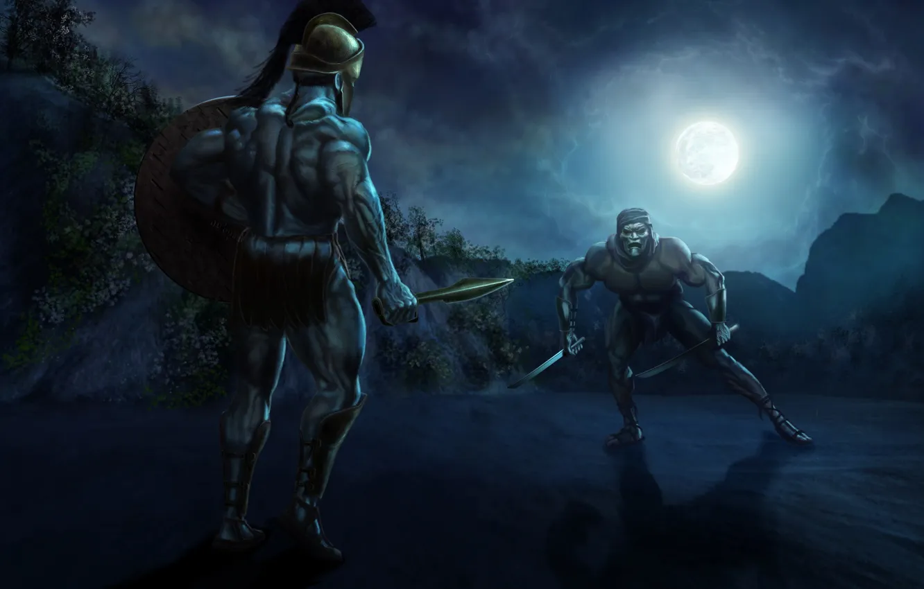 Photo wallpaper night, sword, warrior, mask, art, male, shield, the fight