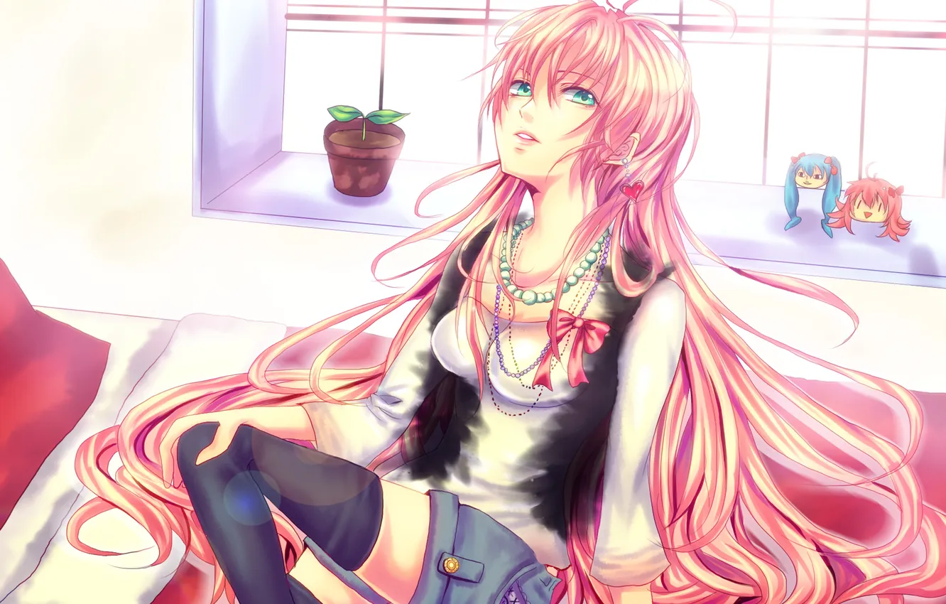 Photo wallpaper girl, flowers, art, hearts, beads, vocaloid, bow, megurine luka