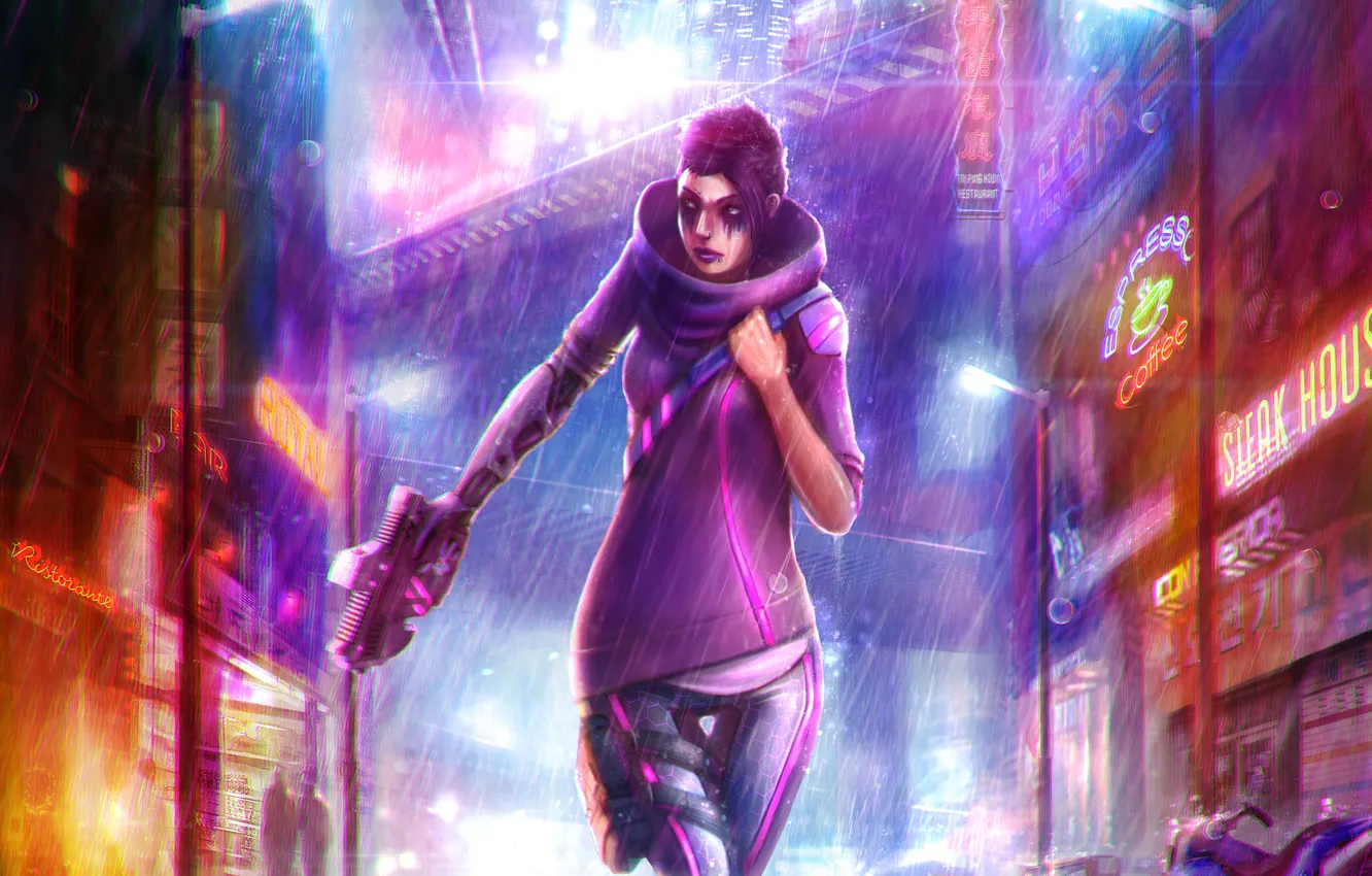 Photo wallpaper girl, the city, gun, rain, street, art, cyberpunk