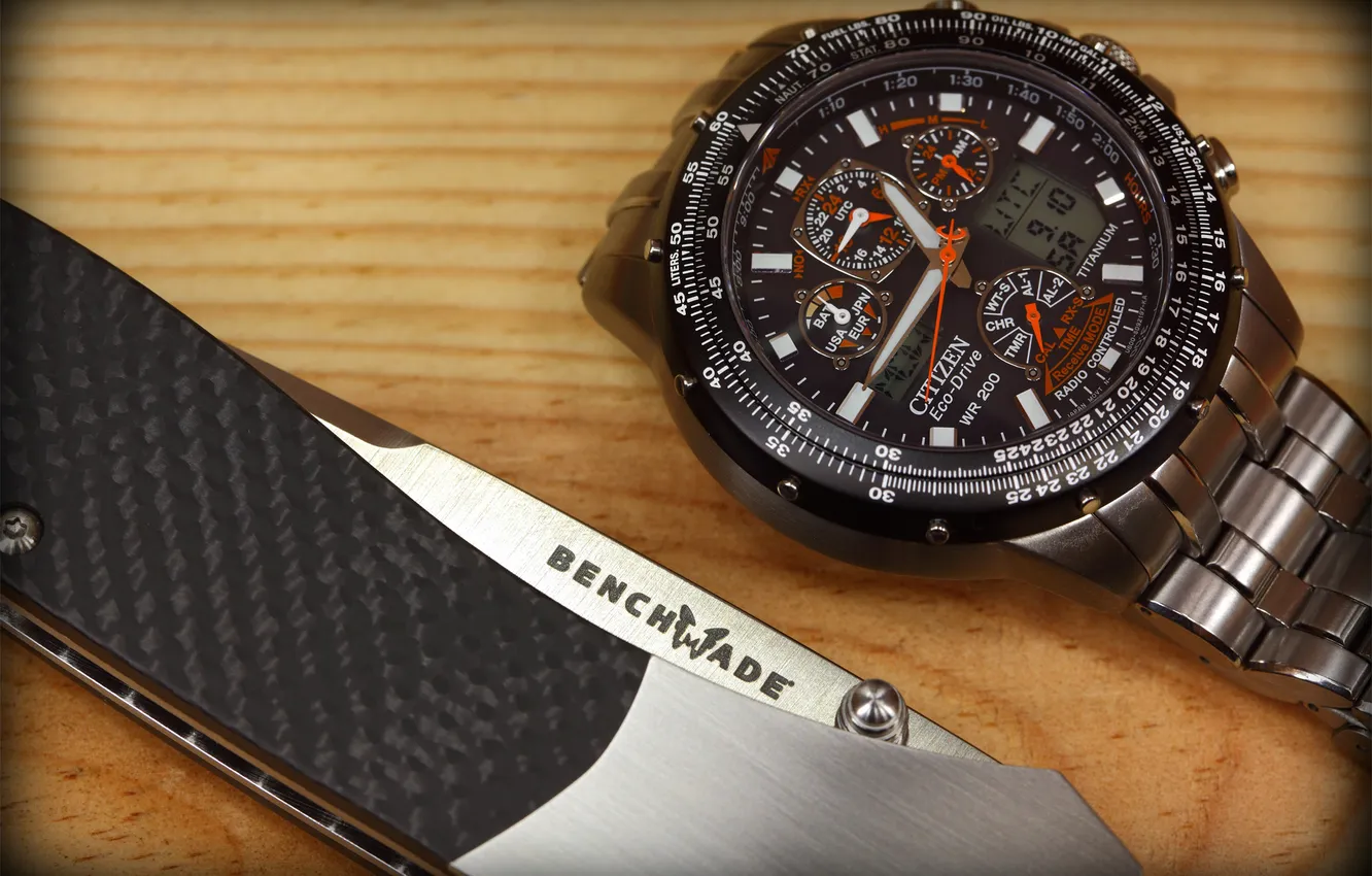 Photo wallpaper watch, knife, Citizen, benchmade