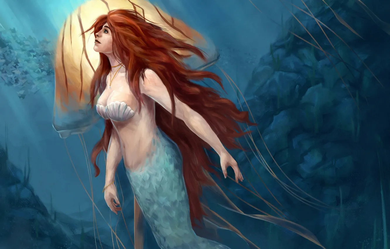 Photo wallpaper mermaid, Medusa, underwater world, mermaid