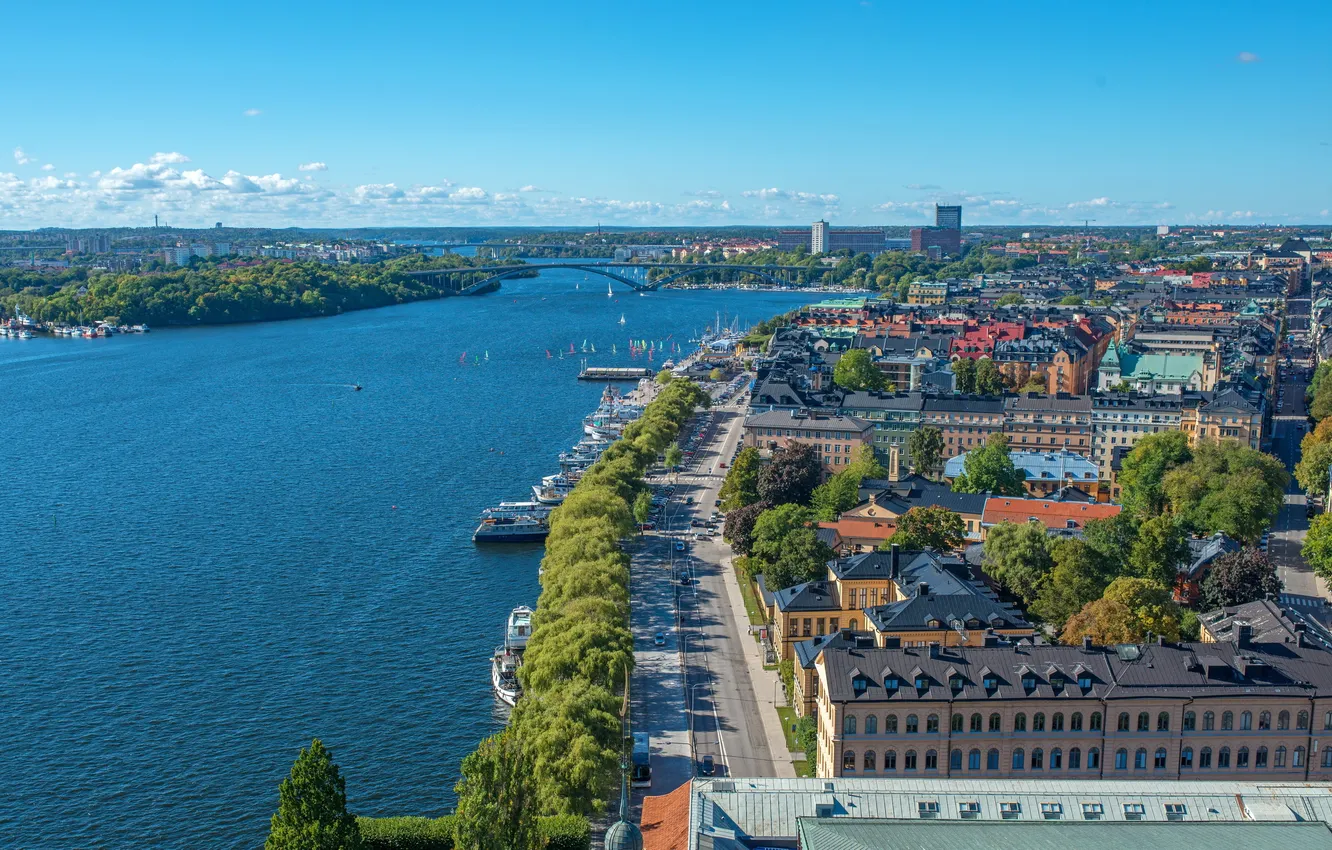 Photo wallpaper the city, river, photo, top, Sweden, Stockholm
