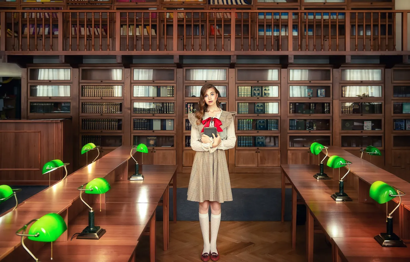 Photo wallpaper look, girl, pose, books, tables, form, library, lamps