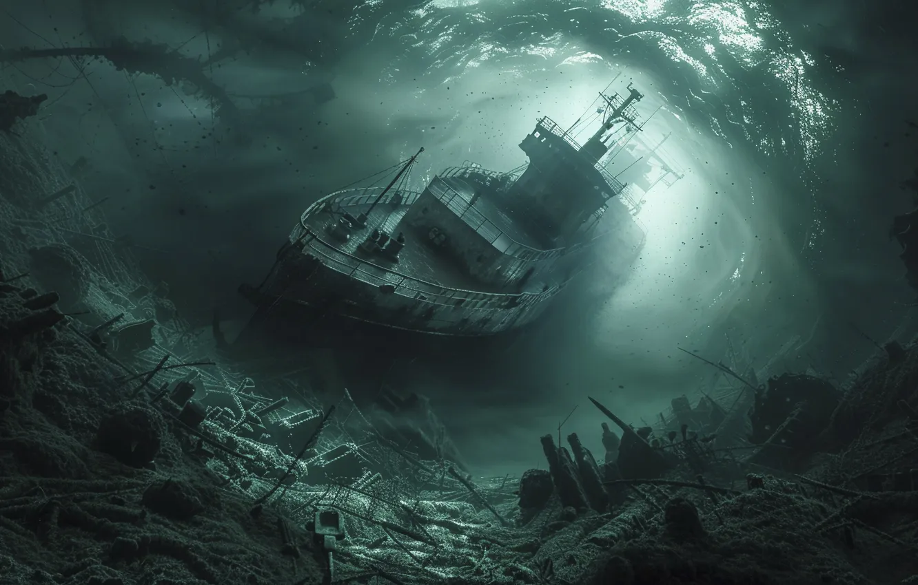 Photo wallpaper ship, the bottom, digital art, AI art, The Art of Artificial Intelligence, The Bermuda Triangle, …