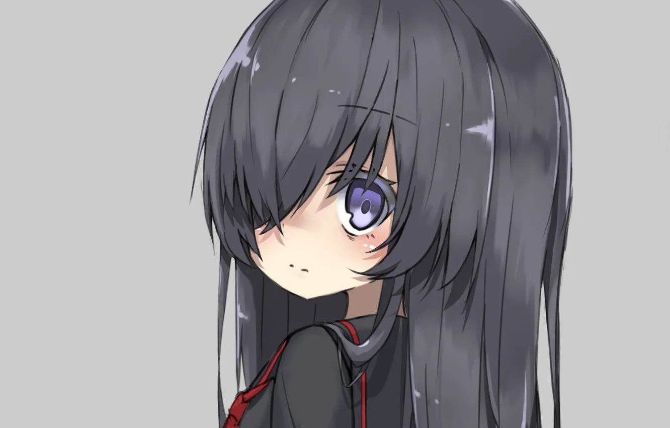 Photo wallpaper schoolgirl, grey background, long hair, bangs, sideways, by Void