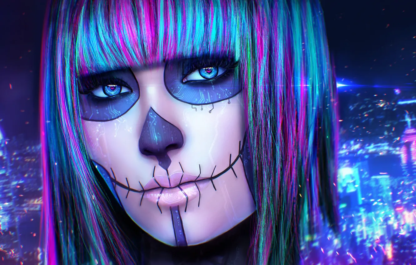 Photo wallpaper eyes, look, girl, face, skull, makeup, art, cyberpunk