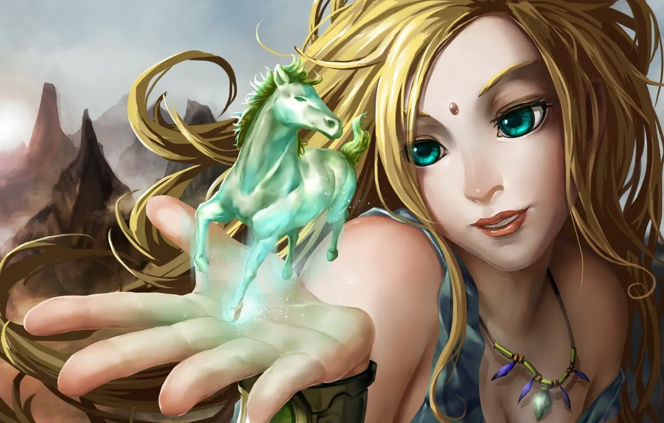 Photo wallpaper rocks, magic, girl, blue eyes, palm, necklace, white horse