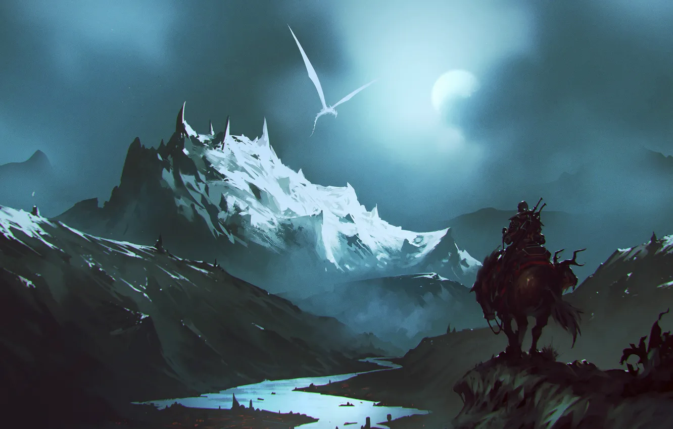 Photo wallpaper white, mountains, night, river, fiction, the moon, dragon, monster