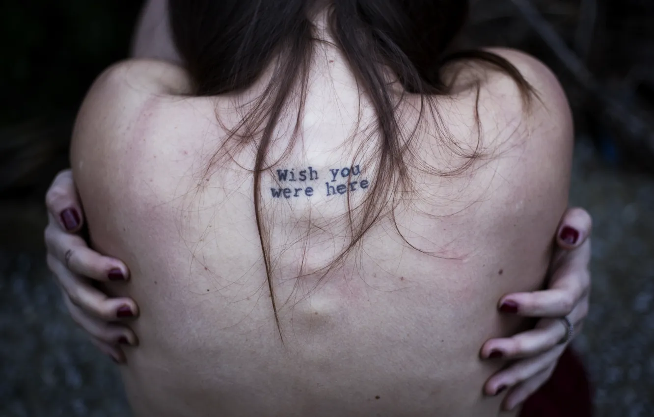 Photo wallpaper the inscription, back, tattoo, curls, Wish You Were Here, Greta Larosa, Wish you were here