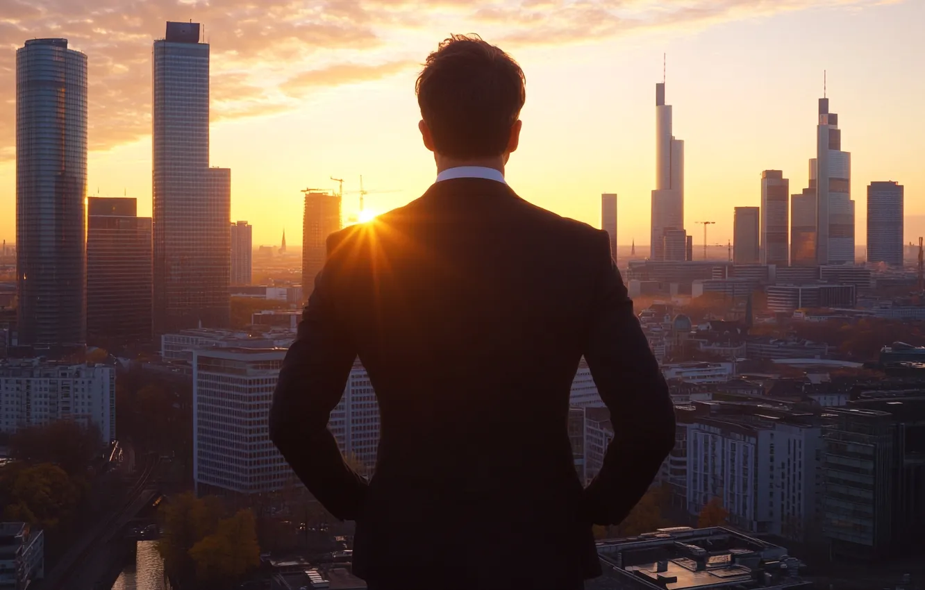 Photo wallpaper the sun, rays, the city, dawn, skyscrapers, morning, male, megapolis