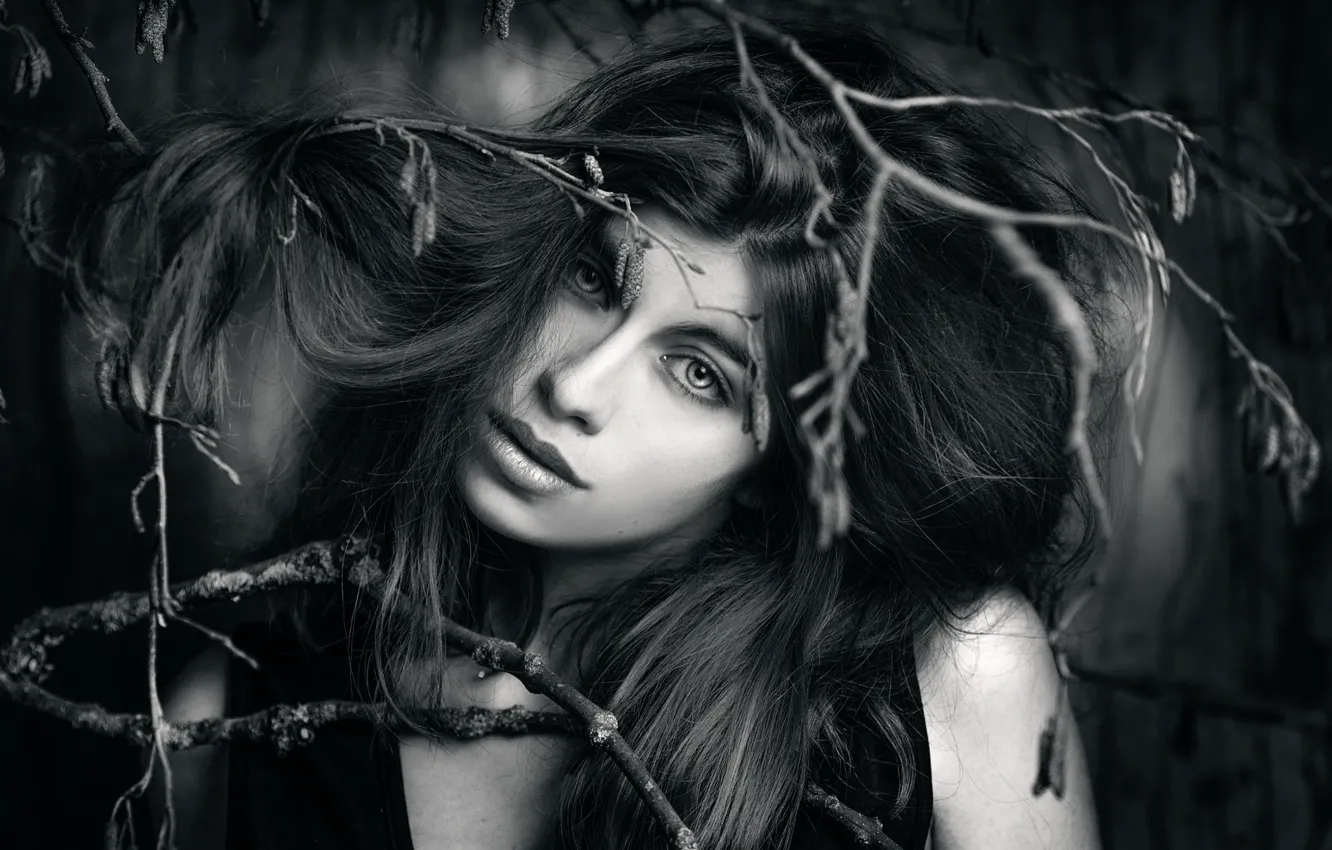Photo wallpaper girl, branches, Joachim Bergauer, In the Wood