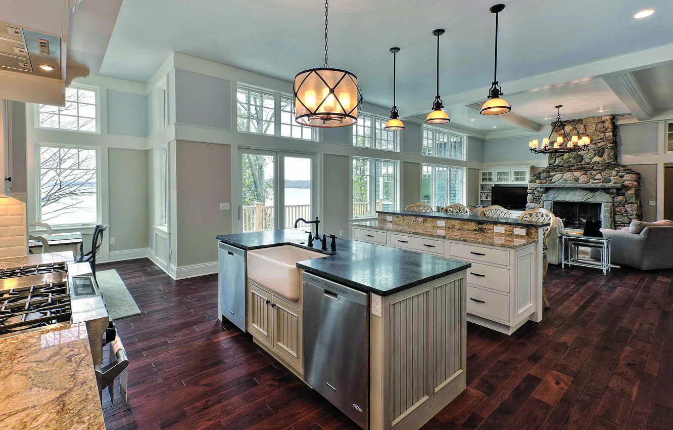 Photo wallpaper lake, villa, luxury, fireplace, kitchen, living space