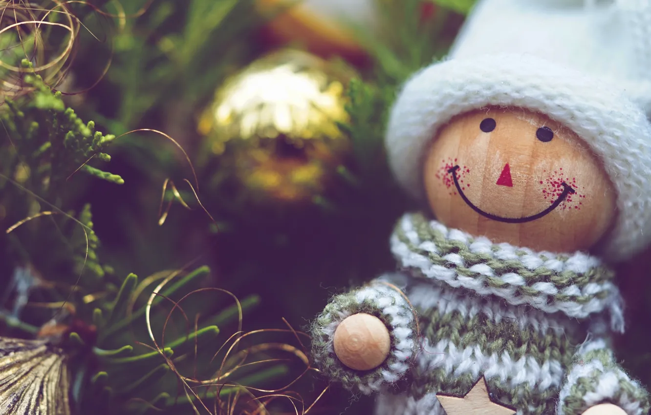 Photo wallpaper balls, holiday, toy, doll, Christmas, New year, needles, bokeh