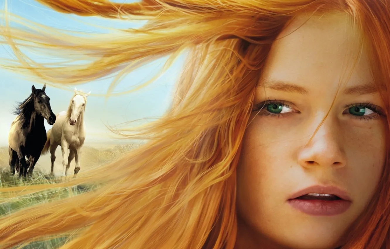 Photo wallpaper cinema, German, girl, grass, green eyes, field, animals, woman