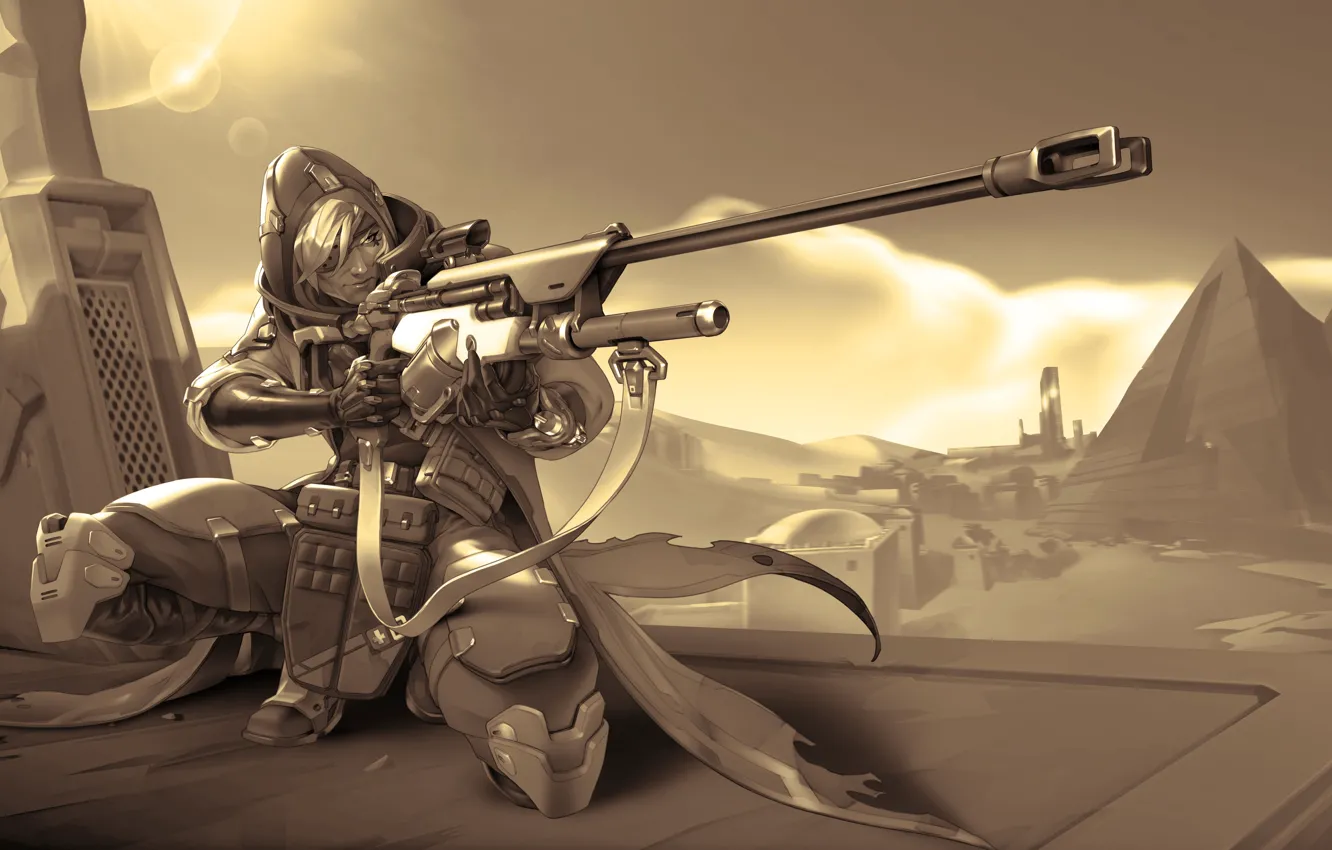 Photo wallpaper weapons, arrows, pyramid, Bounty Hunter, Overwatch, Ana Amari