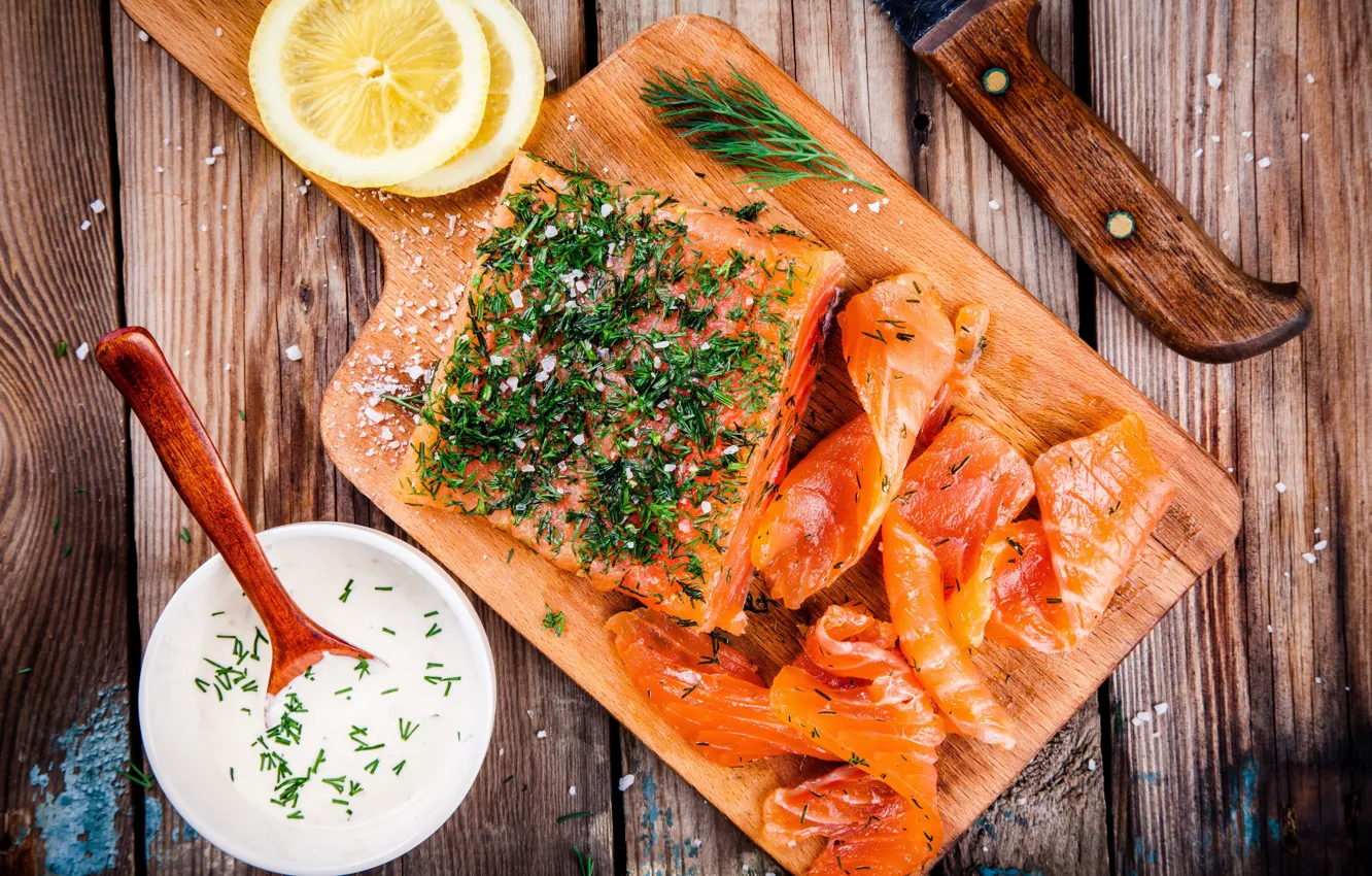 Photo wallpaper greens, lemon, fish, sauce, delicious, fish, spices, lemons