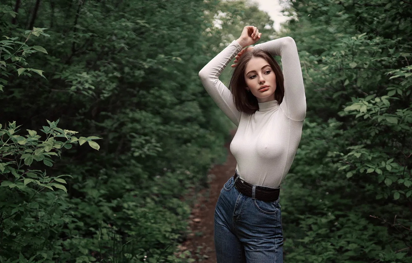 Photo wallpaper greens, pose, jeans, the bushes, cute girl, Alina, Sergey Shishlov, white turtleneck