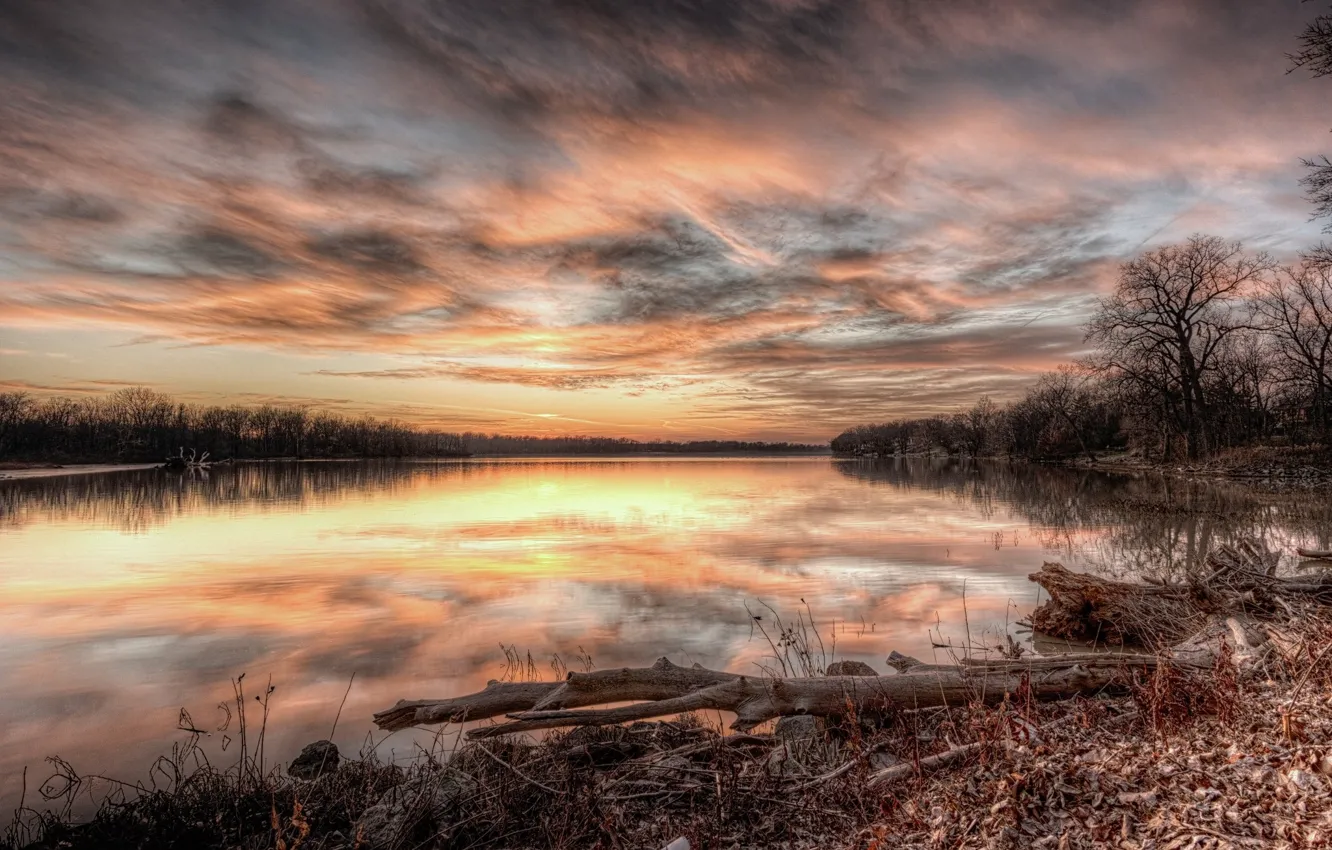 Photo wallpaper sunset, lake, reflection