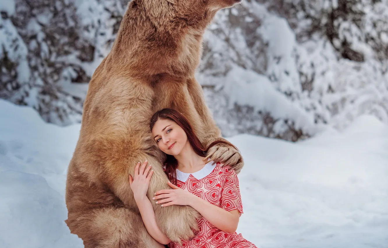 Photo wallpaper winter, frost, forest, girl, snow, branches, nature, smile
