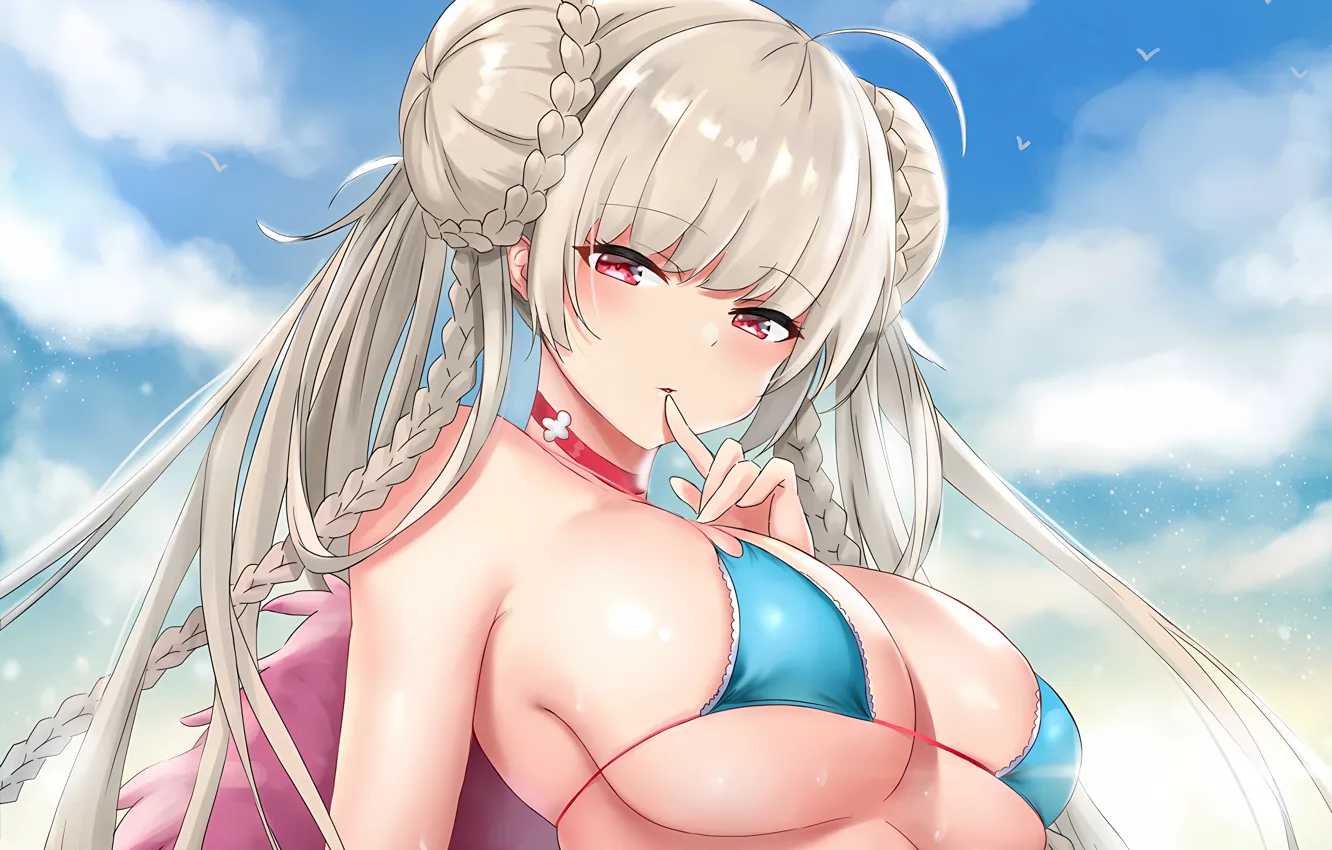 Photo wallpaper girl, sexy, wet, cleavage, sky, long hair, boobs, anime